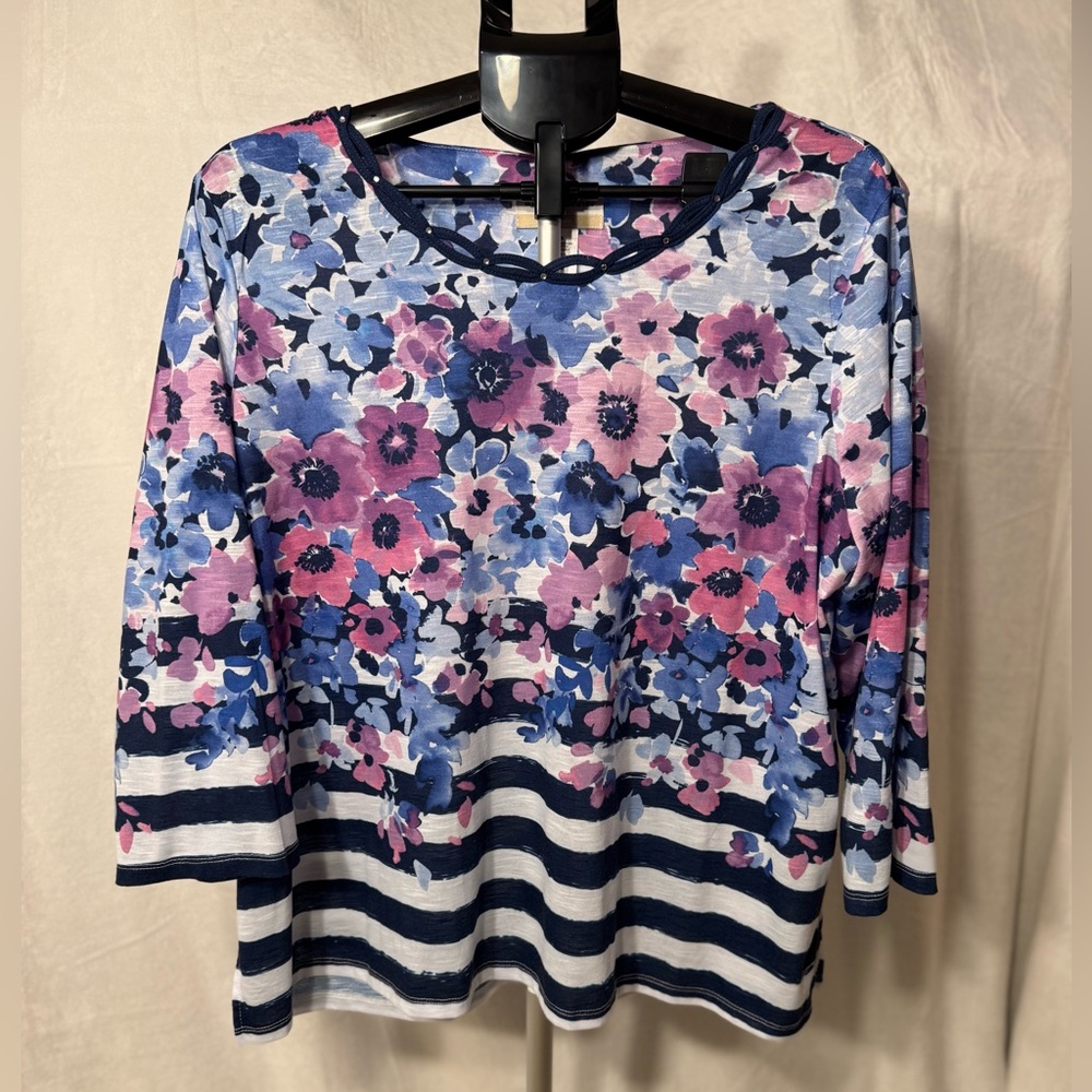 Alfred Dunner Blue and Pink Floral Striped Blouse